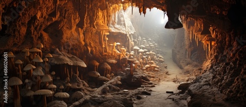 Mold fungi colonies in Odessa catacombs on decaying organic matter.