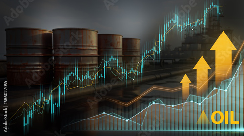 Oil storage tanks with financial charts, symbolizing market dynamics in the oil sector photo