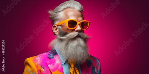 Stylish Modern Man: A dapper gentleman in a suit showcasing a vibrant, well-groomed beard with bold colors and striking shadows.