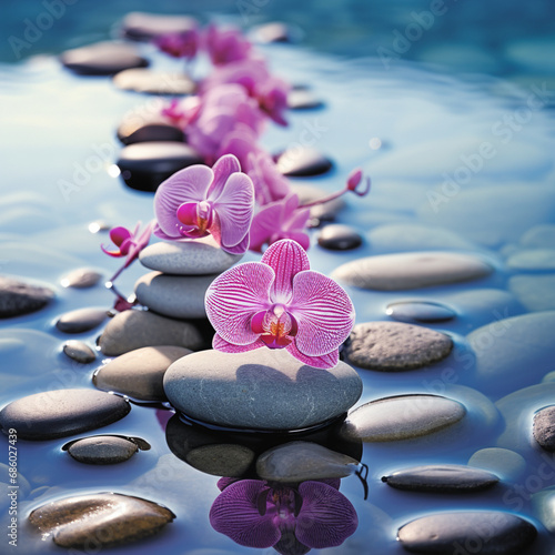 Harmony of Elements: Water, Stones, and Purple Orchids - A Feng Shui and Zen Meditation Concept, Zen Serenity: Stacked Stones and Purple Orchids - A Feng Shui Harmony Pillar