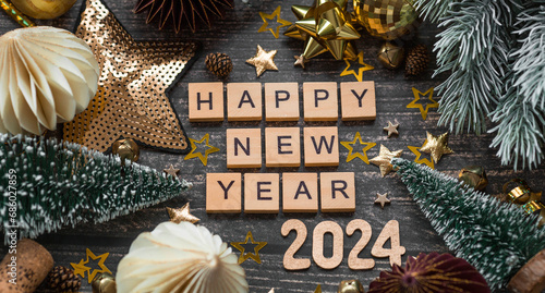 A postcard or banner. A symbol from the number 2024 with paper Christmas tree toys, stars, sequins and a beautiful bokeh on a wooden background. Happy New Year 2024. The concept of the celebration. photo
