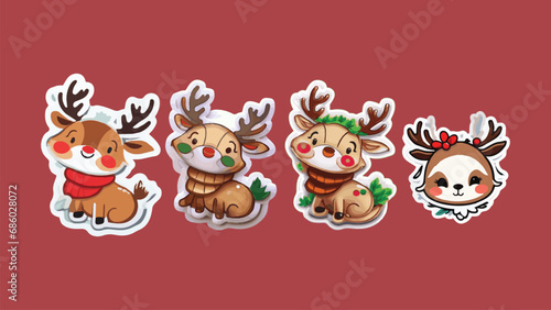 Set of 4 Rein Deer vector Stickers, christmas rein deer illustrations, christmas stickers