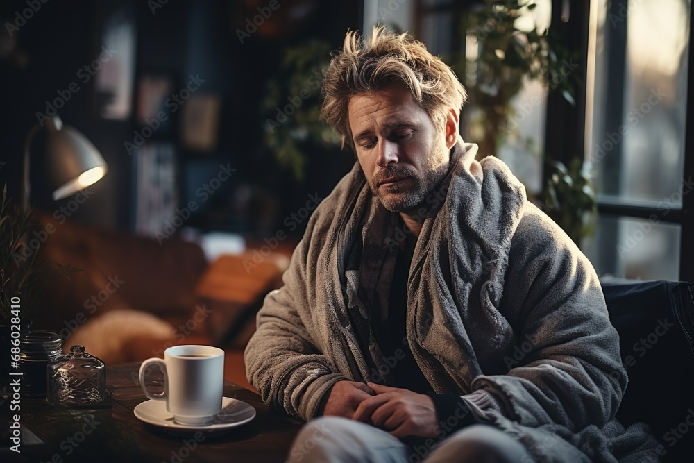 Man feeling sick at home. Man feeling sick at home.