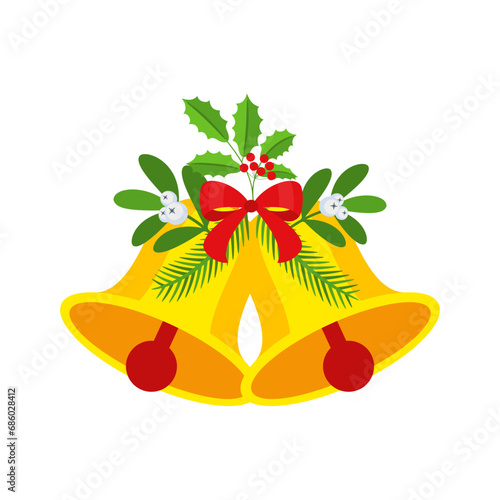 Two Christmas bells with red bow and leaf decor.
