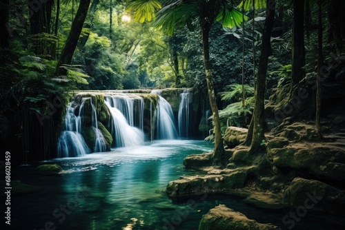Exotic waterfall in a lush green forest.