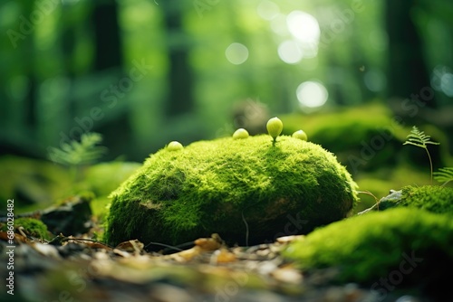 A detailed close-up of green moss on the forest floor, capturing the beauty of nature.