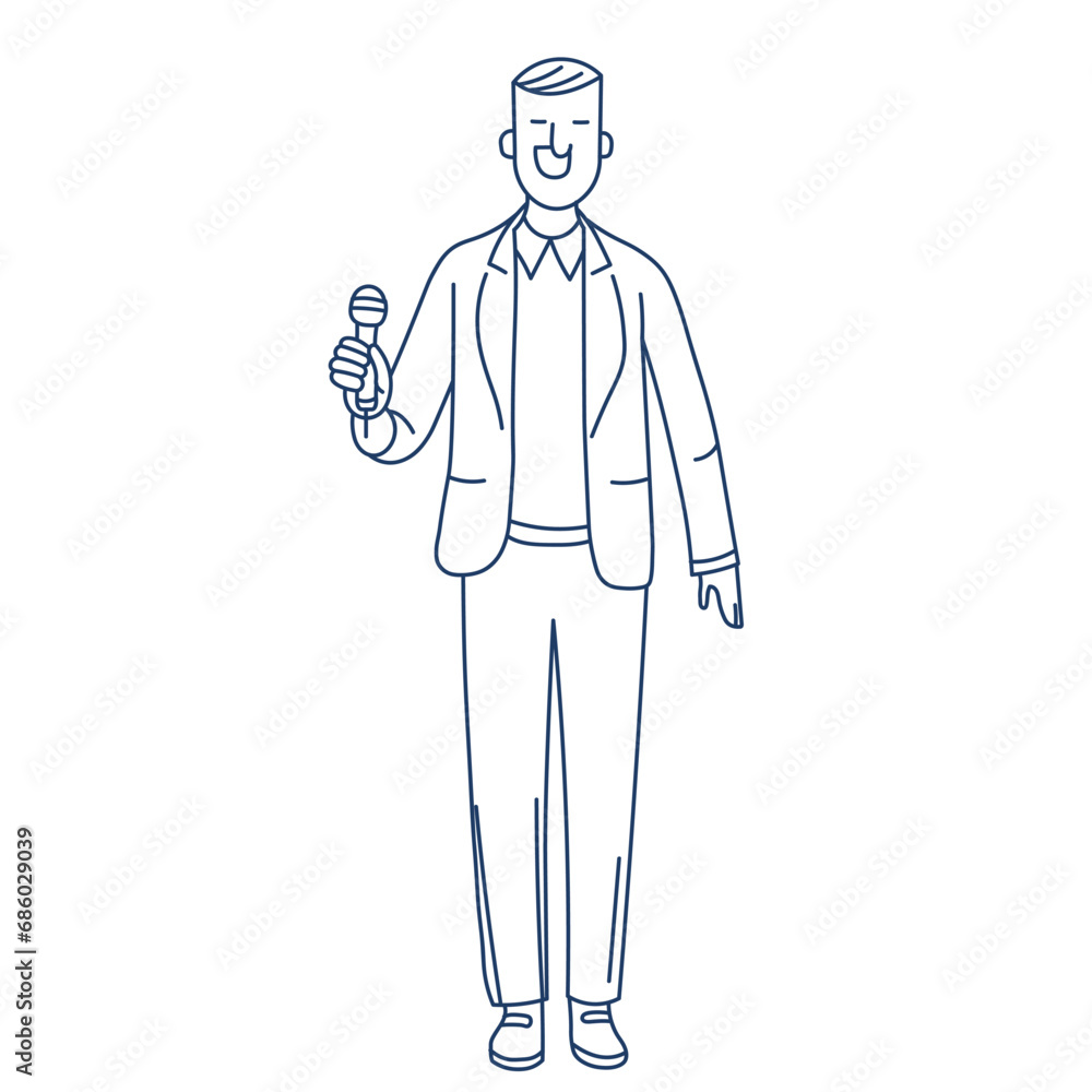 Journalist with microphone cartoon Vector illustration in blue line doodle art, flat style. Journalist with microphone cartoon Vector illustration in blue line doodle art, flat style.
