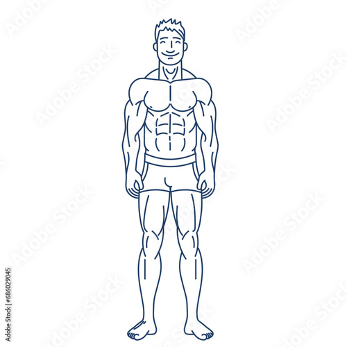 Muscular man. Vector outline illustration of a bodybuilder on a white background.