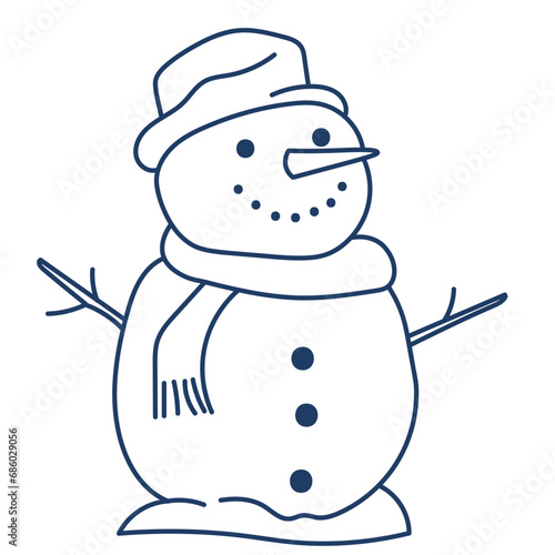 snowman with a scarf isolated on white background. Vector illustration in line doodle art, flat style.