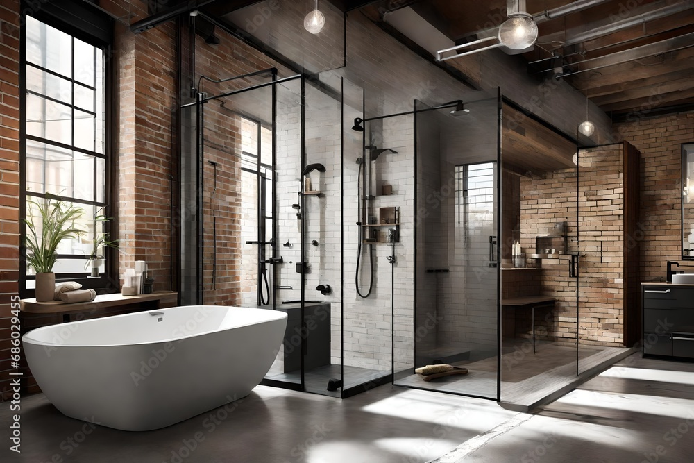 Picture of Urban loft bathroom with brick walls, a glass-enclosed shower, and ...