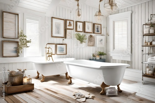 Coastal chic bathroom with a shiplap wall, a clawfoot tub, and nautical accents © Zeeshan Qazi