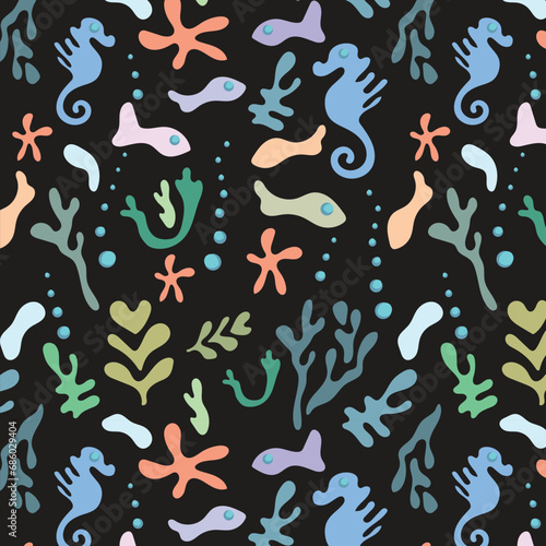 Cartoon underwater cute pattern of algae, fish, starfish, bubbles, corals, seahorses on a black background. Vector image for design, background, fabric, textiles, clothing, cards.