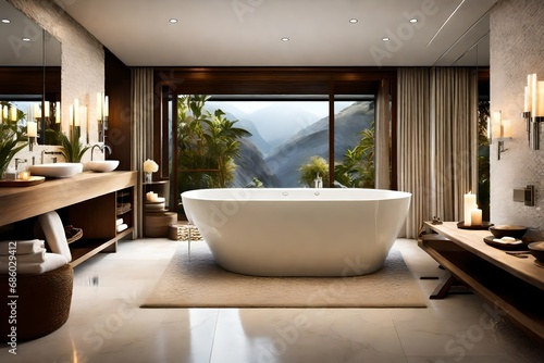 Tranquil spa bathroom with a freestanding tub  waterfall shower  and soft candlelight