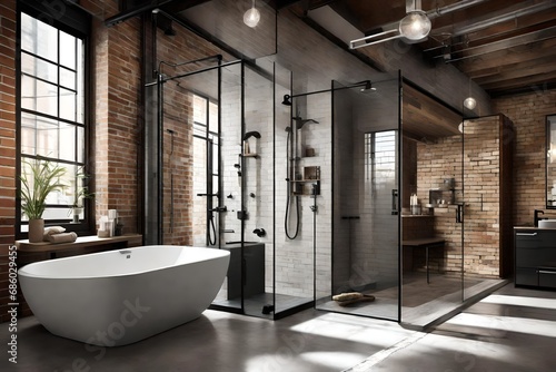 Urban loft bathroom with  brick walls, a glass-enclosed shower, and modern fixtures photo