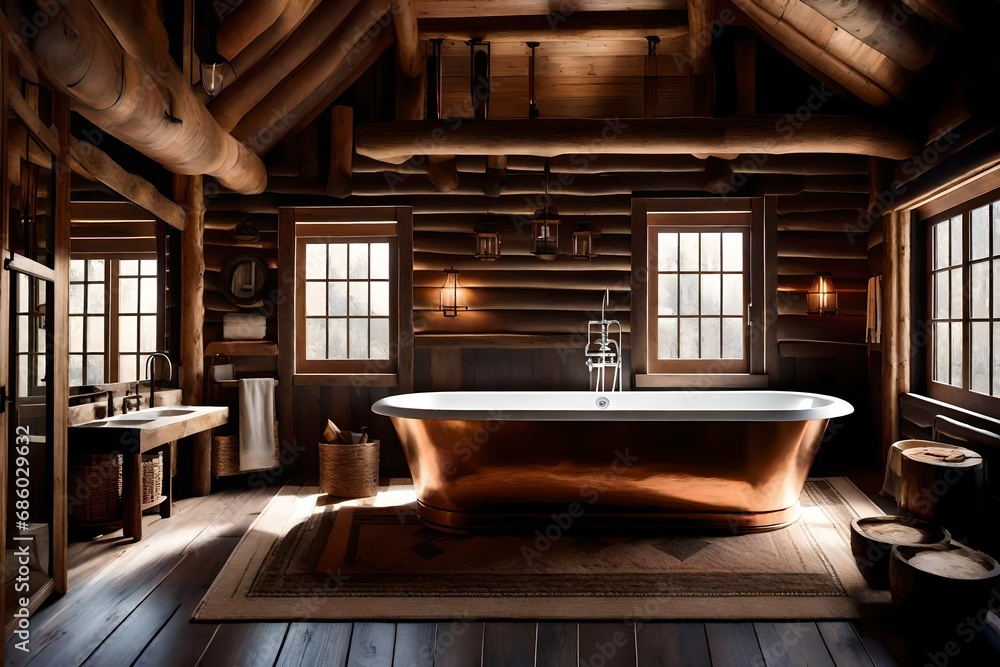 Mountain cabin bathroom with log cabin walls, a copper tub, and rustic fixtures Mountain cabin bathroom with log cabin walls, a copper tub, and rustic fixtures