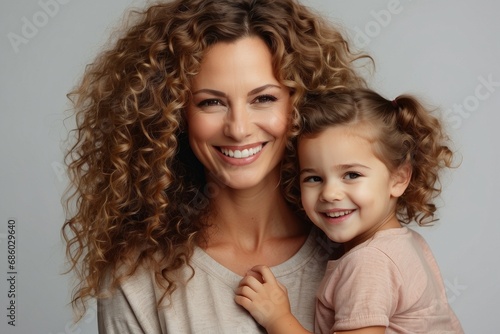 Close-up portrait of a beautiful smiling happy mother and daughter on a gray background. Family Day, Mother's Day, Hug day, family values and love concepts.