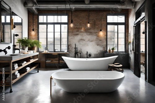 Industrial loft bathroom with  pipes  concrete floors  and a modern freestanding tub