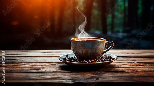 Taza de café caliente - Café molino granos - Cafetería especialidad, filtrado - Mesa madera  photo