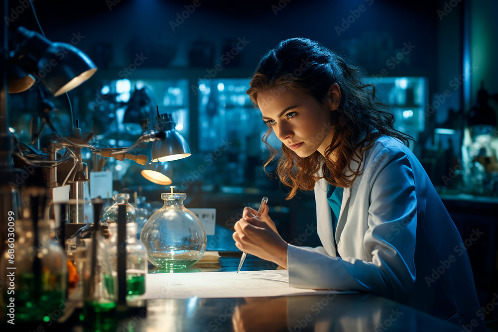 Mujer científica investigación probeta  - Beca investigación estudiante ciencia farmacos - obrazy, fototapety, plakaty 