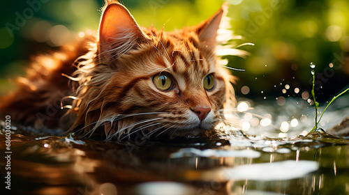 Gato en el agua en la naturaleza - Felino naranja bañándose - Animal domestico   photo