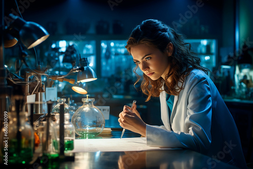 Mujer científica investigación probeta  - Beca investigación estudiante ciencia farmacos