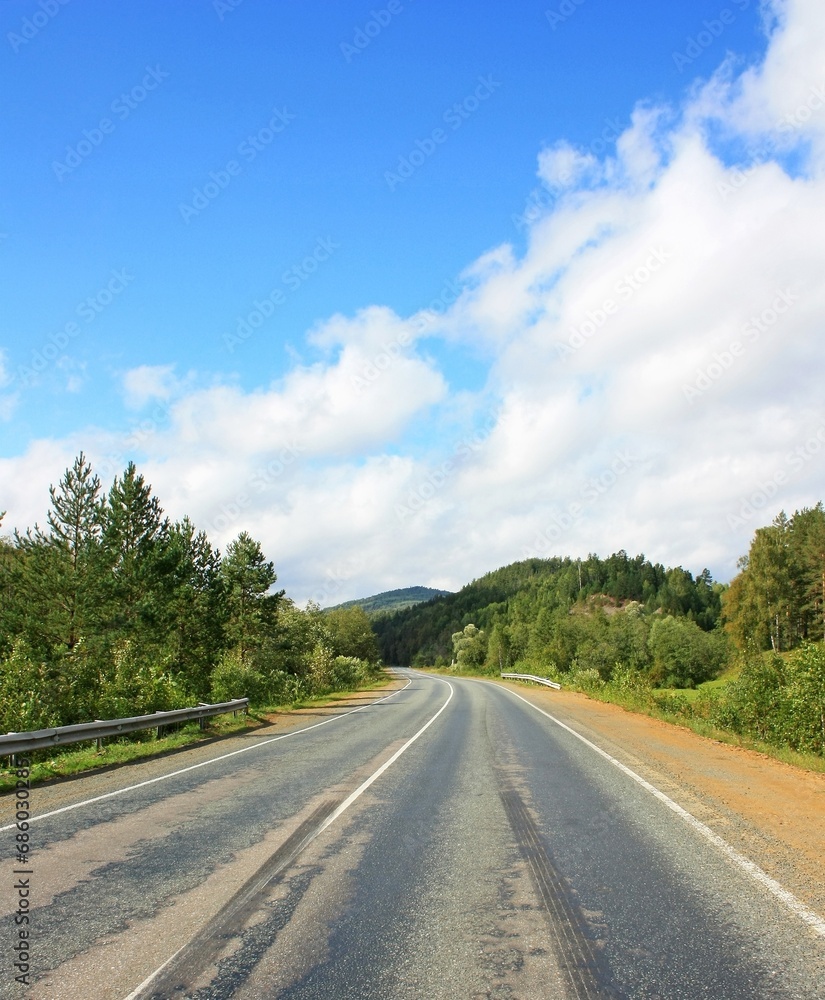 Fototapeta premium Asphalt road on the background of forest and blue sky with clouds