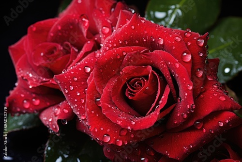 Raindrops on rose petals  macro  vibrant red  contrasting green background