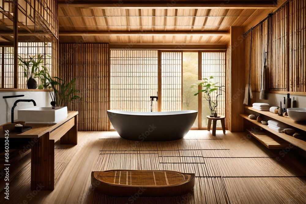 Japanese-inspired bathroom with a soaking tub, bamboo accents, and sliding shoji screens