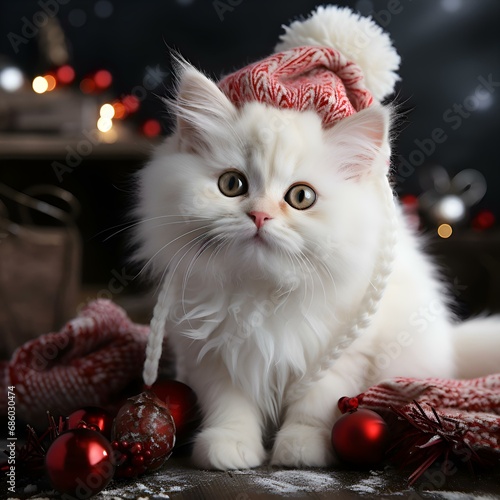 A white fluffy cat in a Santa Claus hat in a New Year and Christmas atmosphere with a funny cat face is looking: postcard, background, screensaver, decoration, congratulations, holiday, December, Xmas