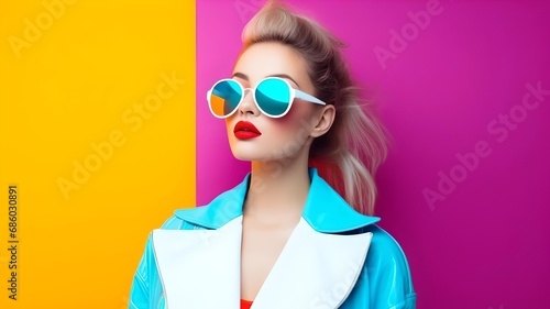 fashion woman colorful, the fashion styles of the 90s and Y2K era. dressed in the latest fashion trends of the time, including chunky shoes, low-rise pants, crop tops, and oversized sunglasses photo