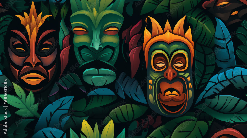 Seamless pattern illustration design of colorful tiki masks drawing in middle of green leaves - obrazy, fototapety, plakaty 