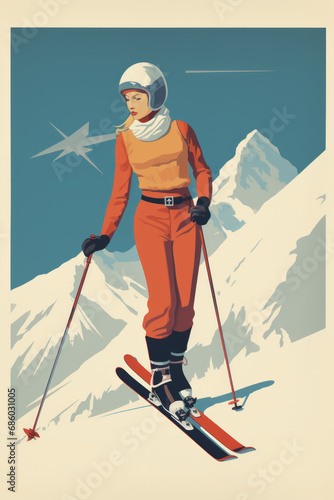 Poster illustration of a woman skiing at a ski resort in 1950's pop art style