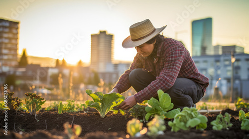 Indigenous native american person tending to a rooftop garden or community green space photo