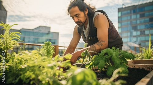 Indigenous native american man tending to a rooftop garden or community green space photo