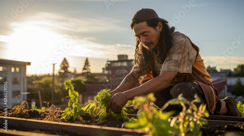 Indigenous native american man tending to a rooftop garden or community green space