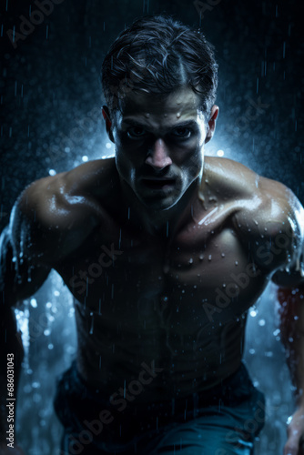 Portrait of a man running under water rain at night , effort in sports concept image © Keitma