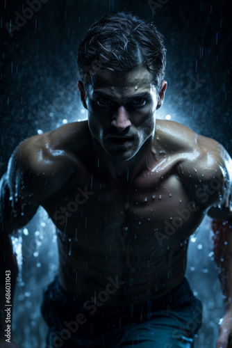 Portrait of a man running under water rain at night , effort in sports concept image