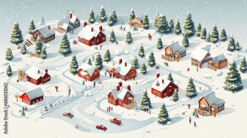 Isometric illustration image of a christmas winter theme village