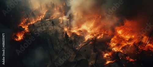 Forest fire seen from above, with burnt trees and land due to climate change, affecting ecology and land.