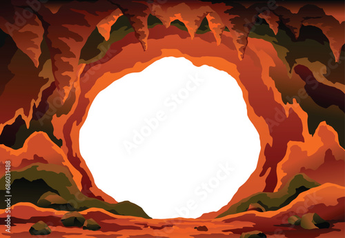 Cave landscape. Stone cave entrance with empty white space inside. Prehistoric dungeon entrance, rock cavern game illustration. Vector image of tunnel in mountain or mine in rocks