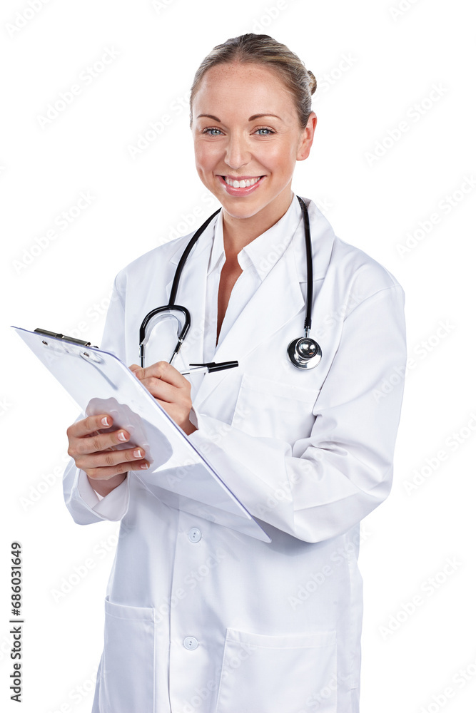 Woman, portrait and doctor writing on clipboard for notes, healthcare administration and isolated on transparent png background. Happy surgeon with report of insurance checklist, documents and script Woman, portrait and doctor writing on clipboard for notes, healthcare administration and isolated on transparent png background. Happy surgeon with report of insurance checklist, documents and script