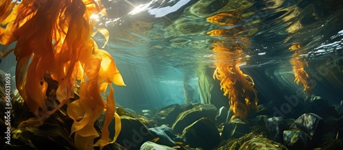 Giant kelp in a California kelp forest is essential for diverse eastern Pacific marine species. photo