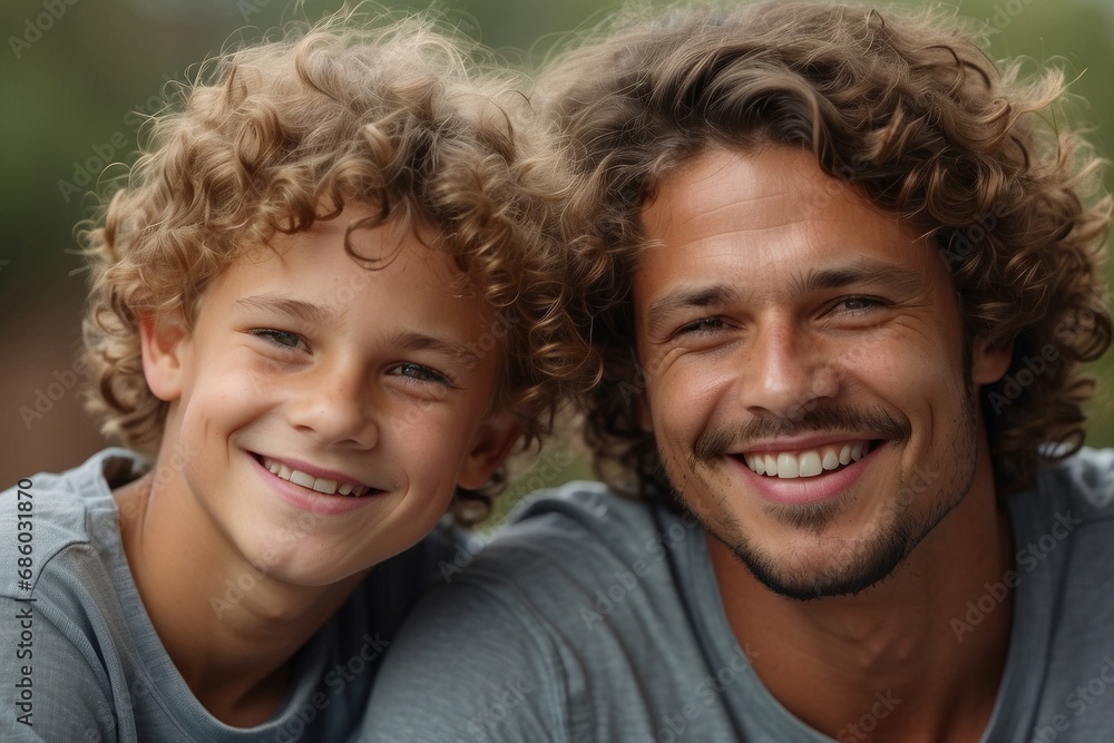 Close-up portrait of a beautiful family in nature. Dad and son with curly hair smile and look at the camera in nature. Family Day, Day of Smiles, happiness, large family, family values concepts. Close-up portrait of a beautiful family in nature. Dad and son with curly hair smile and look at the camera in nature. Family Day, Day of Smiles, happiness, large family, family values concepts.