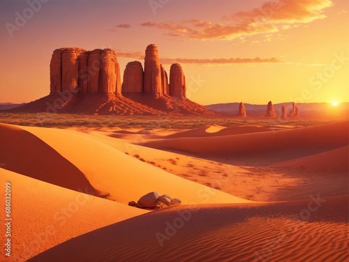 _Visualize a comprehensive vector artwork of a tranquil desert landscape with towering sandstone rocks and a stunning sunset casting warm, golden hues across the dunes._