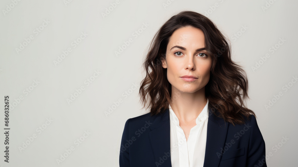 Focused woman in her 30s with brunette hair in a dark blue jacket Focused woman in her 30s with brunette hair in a dark blue jacket