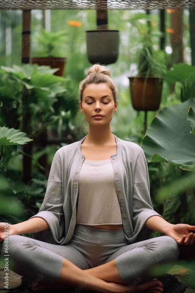 Woman practicing meditation in a quiet Zen garden. Woman practicing meditation in a quiet Zen garden.