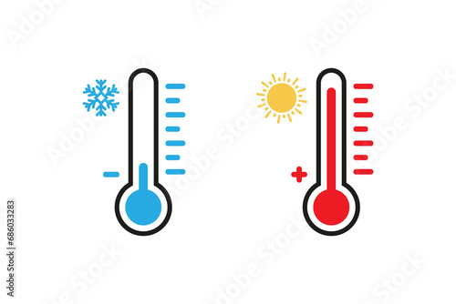 Two termometer show cold and heat. Vector in flat design