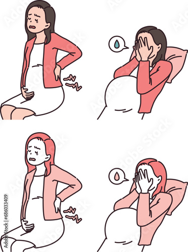 Billede på lærred Illustration of women with low back pain and depression during pregnancy