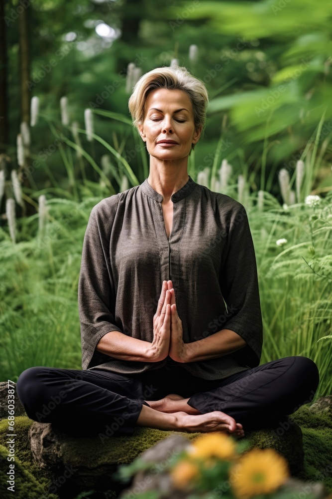 Obraz premium Woman practicing meditation in a quiet Zen garden.