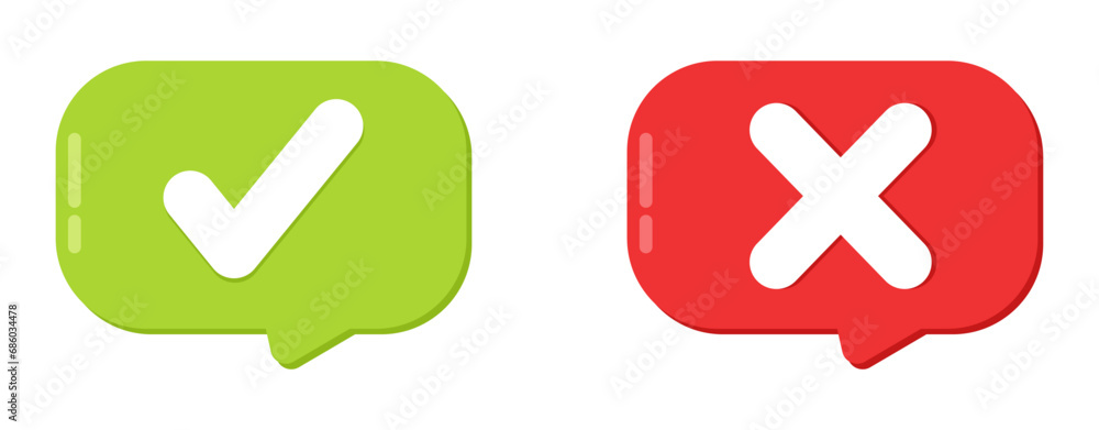 Speech bubble green check and red cross mark symbol yer or no sign illustration - obrazy, fototapety, plakaty 